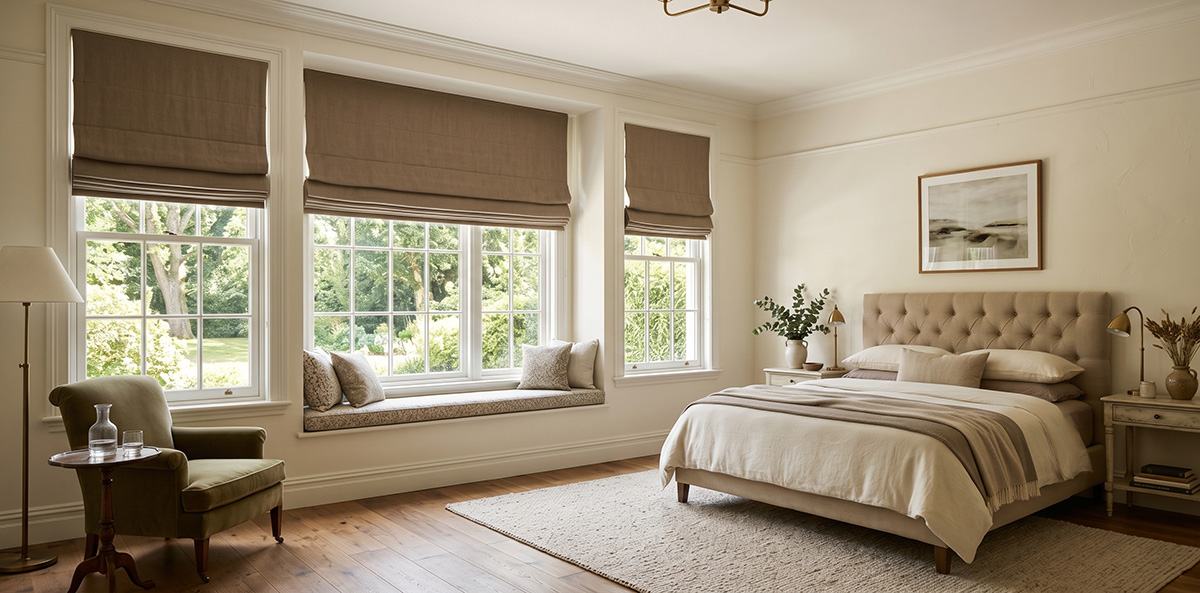 Plantation shutters in a bright bedroom