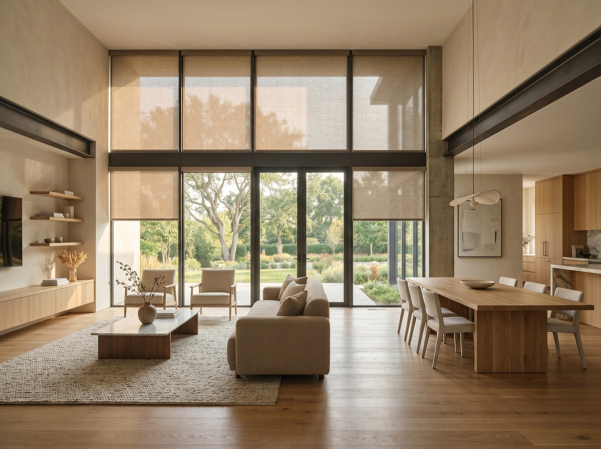 Elegant roller shades in a living room