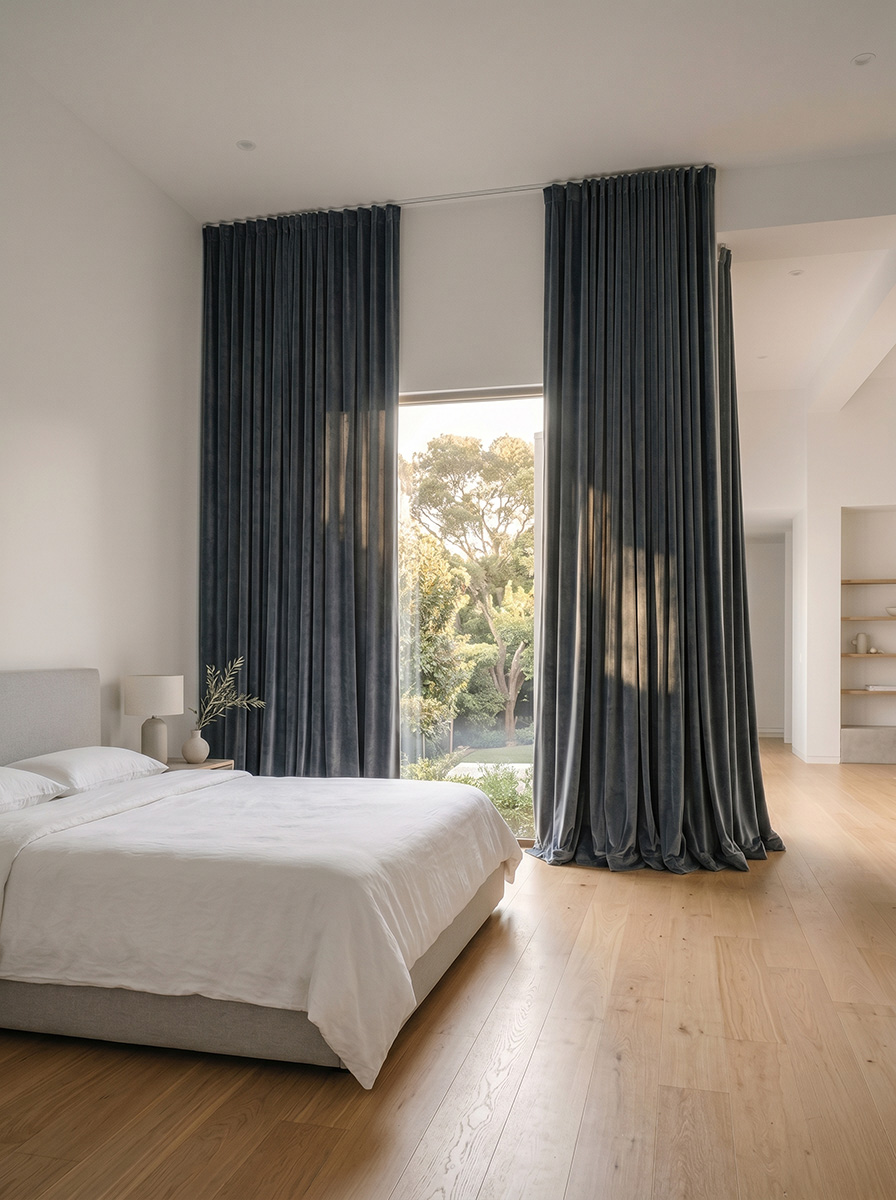 Floor-to-ceiling drapes in a master bedroom