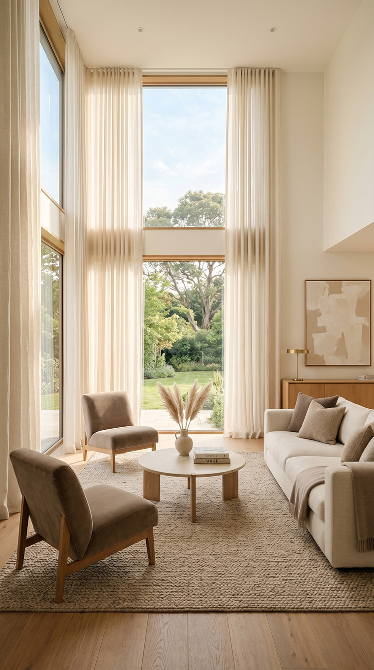 Sunlit room with elegant custom window drapery