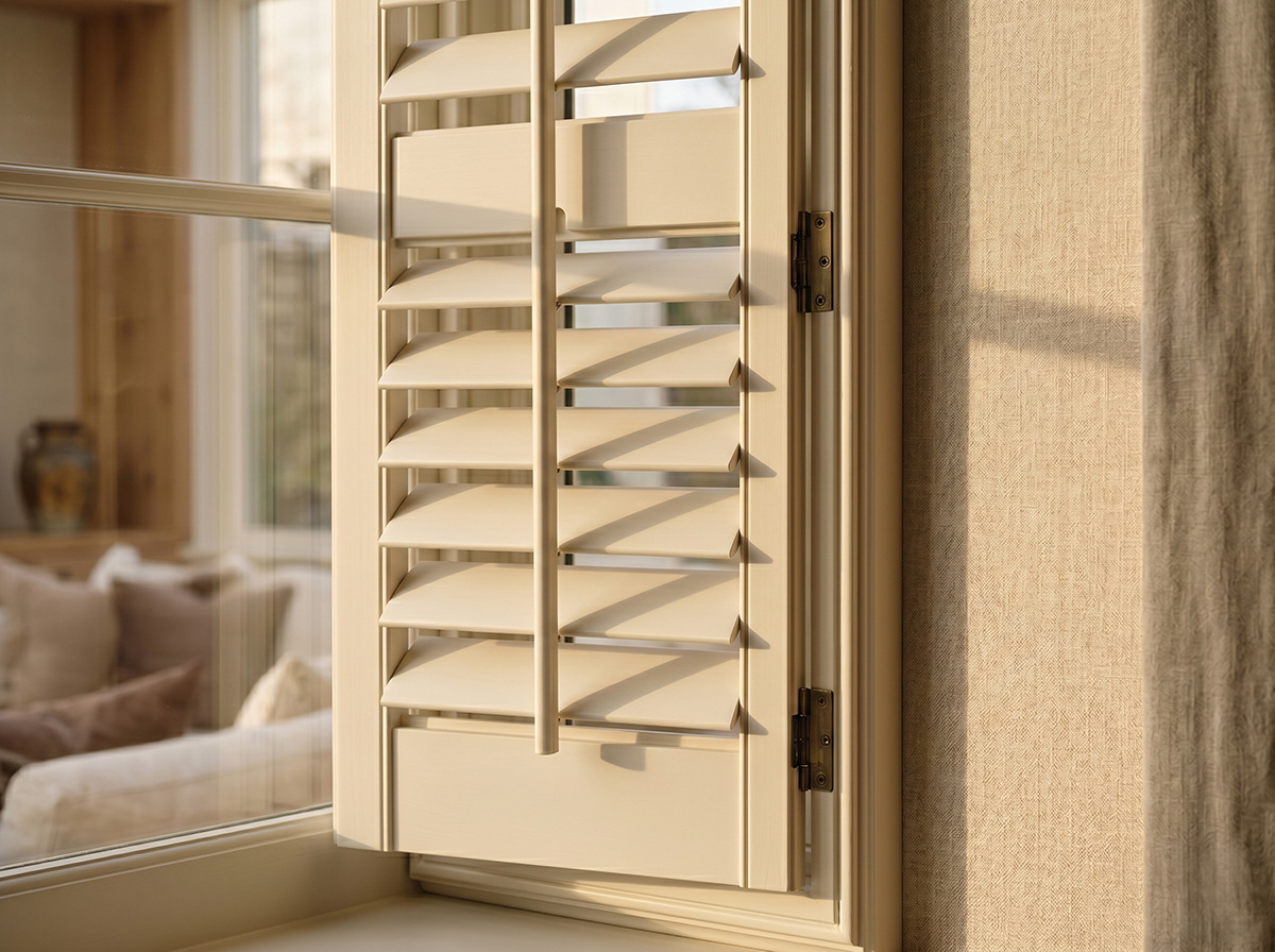 Beautifully furnished living room with custom shutters